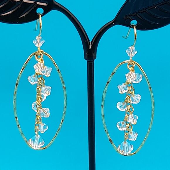 Clear Crystal Oval Hoop Earrings, Gold Tone Ear Wires - Picture 9 of 12